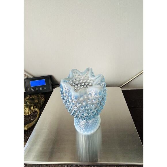 EUC Duncan Miller Blue Opalescent Glass Footed Hobnail Vase Ruffle Crimped - Picture 3 of 16